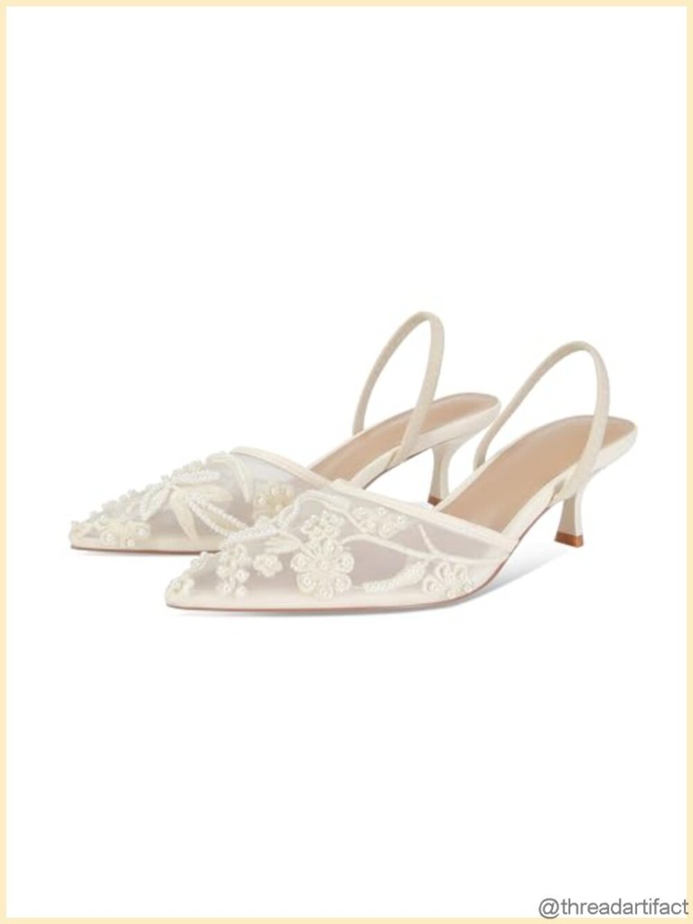 Womens Embroidered Mesh Slingback Kitten Heels Pointed Toe Pearl Bridal Wedding
